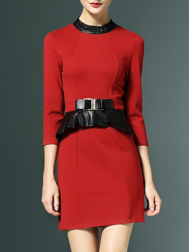 Shein Red Contrast Pu Peplum Sheath Dress