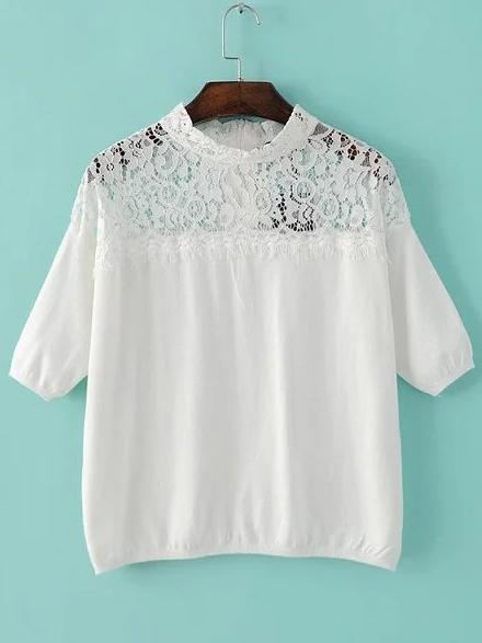 Shein White Band Collar Lace Trim Knitwear