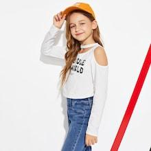 Shein Girls Cold Shoulder Letter Print Tee