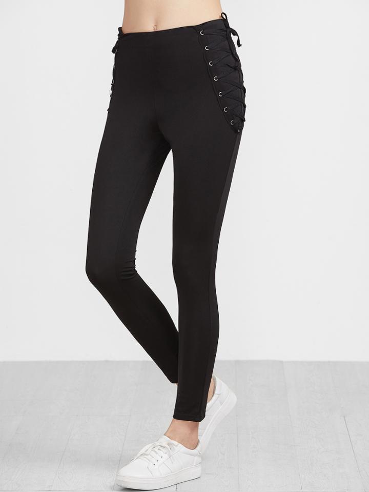 Shein Black Eyelet Lace Up Zipper Back Leggings