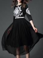 Shein Black Embroidered Belted A-line Dress