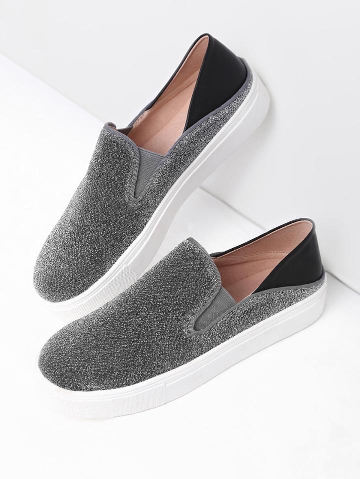 Shein Silver Round Toe Glitter Flatform Sneakers