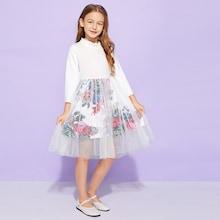 Shein Toddler Girls Contrast Mesh Floral Print Dress