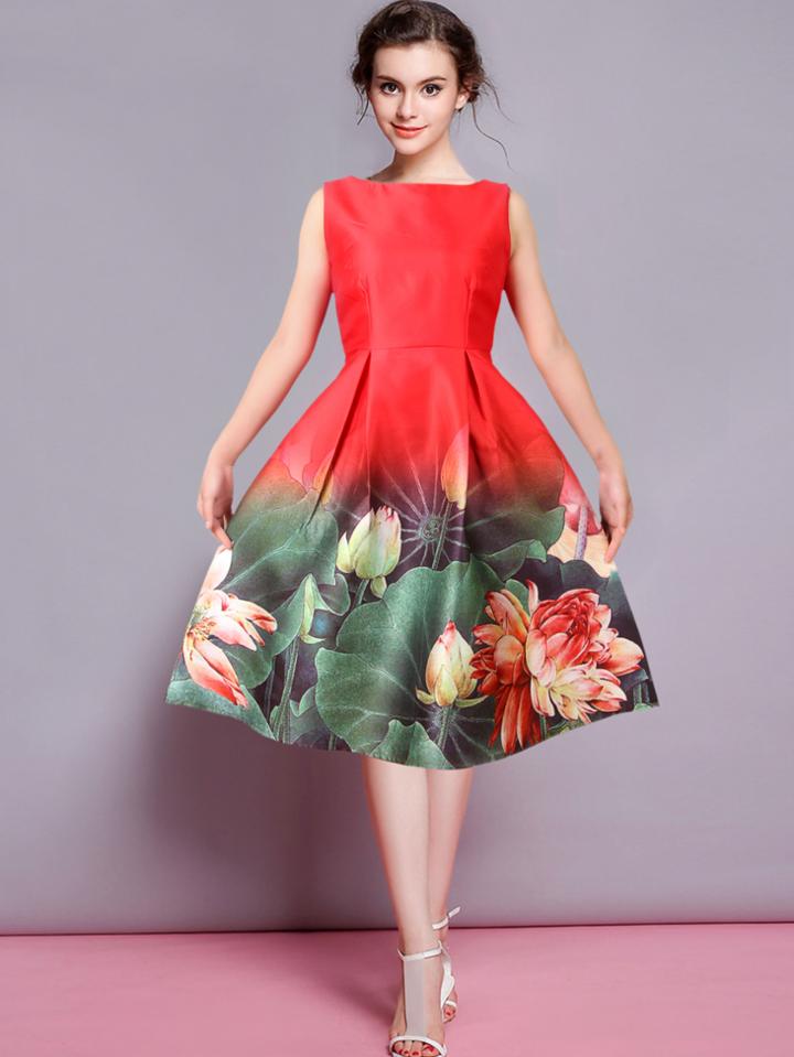 Shein Red Sleeveless Florals Flare Dress