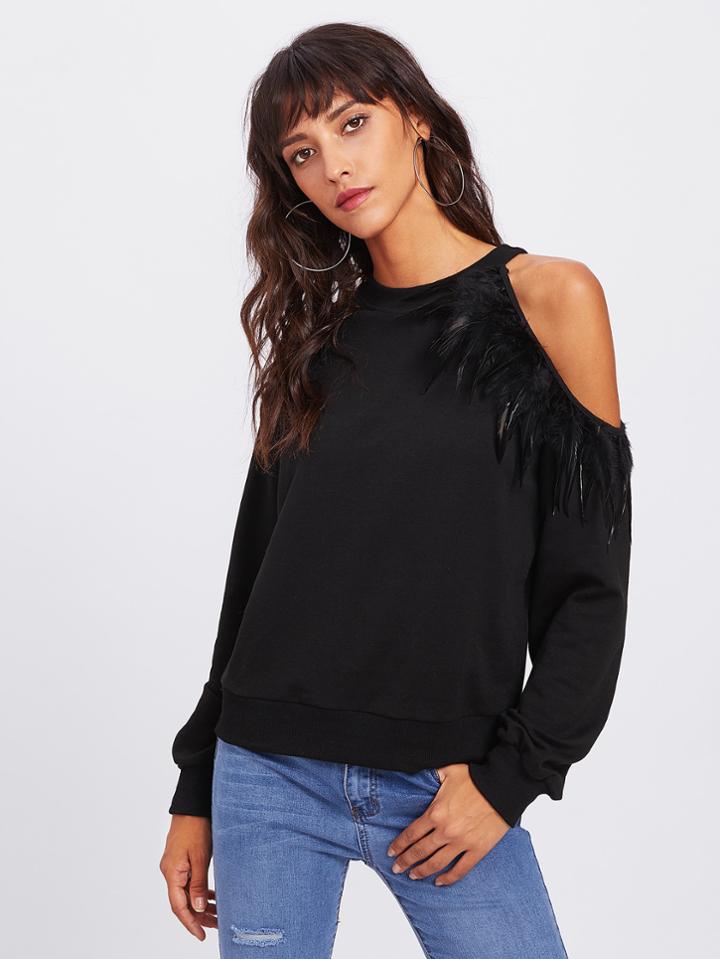 Shein Feather Embellished Cutout Shoulder Sweatshirt