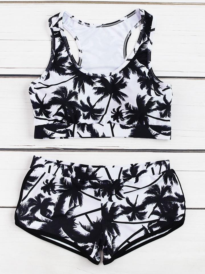Shein Palm Tree Print Racer Back Tankini Set