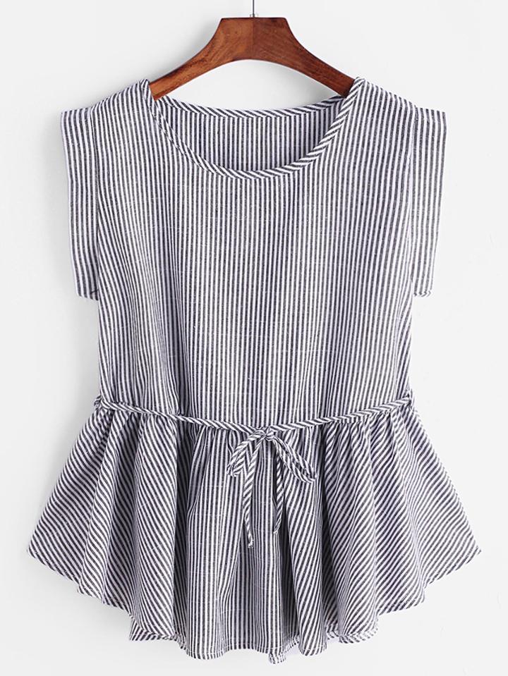 Shein Pinstripes Drawstring Peplum Top