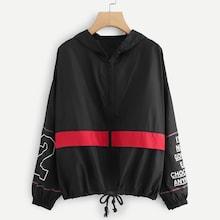 Shein Letter Print Drawstring Hem Windbreaker Jacket