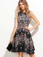 Shein Black Floral Print Jacquard Fit And Flare Dress