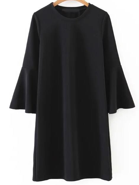 Shein Black Round Neck Bell Sleeve Shift Dress