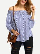 Shein Blue White Stripe Off The Shoulder Tie Cuff Blouse