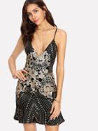 Shein Embroidery Sequin Lace Up Ruffle Hem Cami Dress