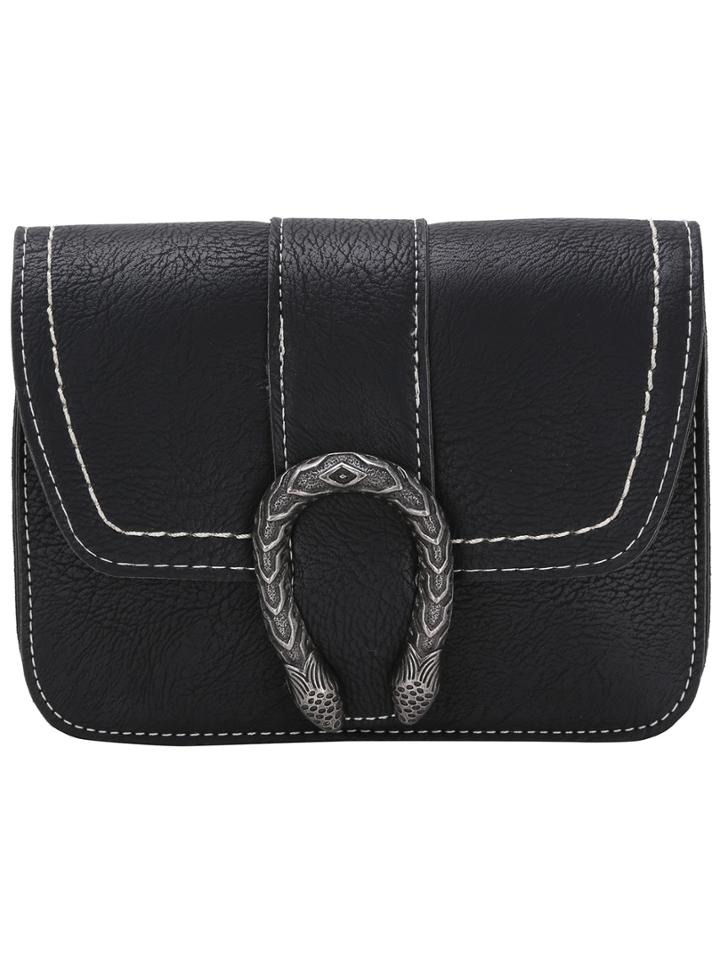 Shein Metal Snake Accent Flap Topstitch Black Crossbody Bag