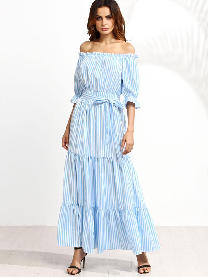 Shein Light Blue Pinstripe Off The Shoulder Tie Waist Ruffle Dress