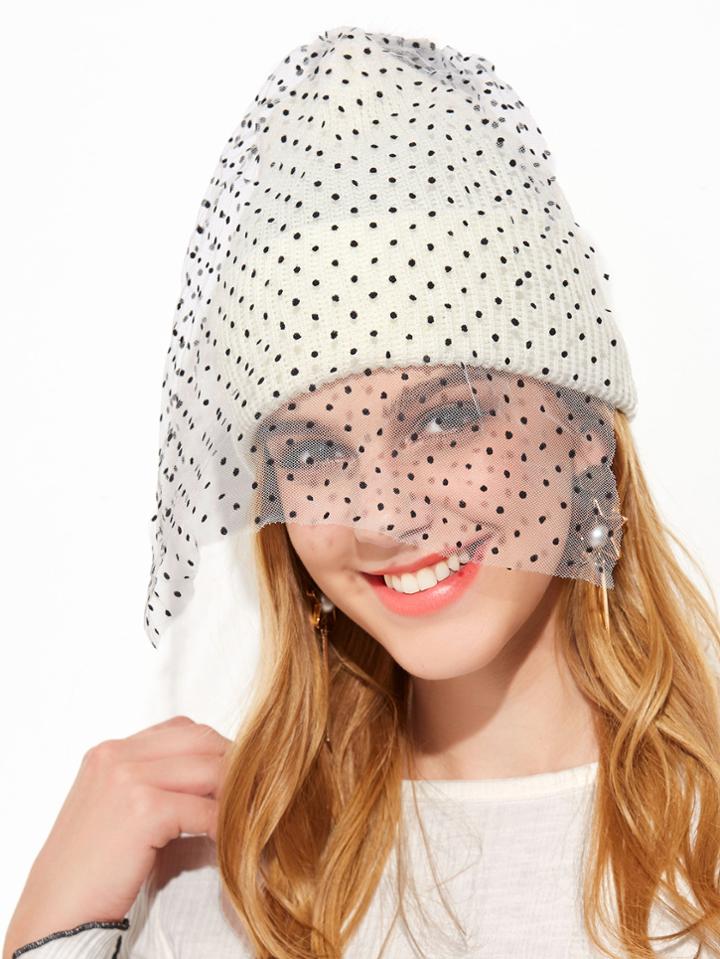 Shein White Contrast Pom Pom Mesh Veil Beanie Hat