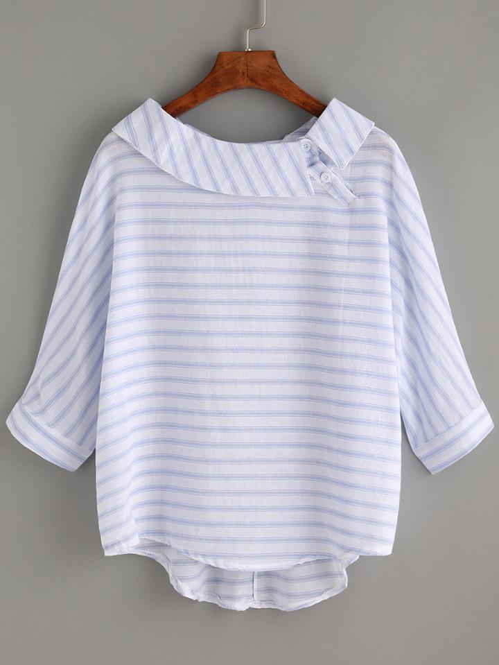 Shein Striped Blue Boat Neck Dip Hem Shirt