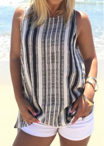 Rosewe Side Slit Stripe Print Tank Top