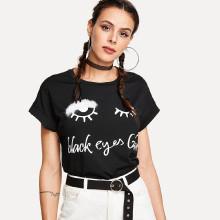 Shein Faux Fur Wink Eyes Print Tee
