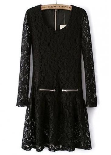 Rosewe Chic V Neck Long Sleeve Black Dress With Zipper