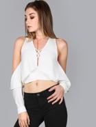 Shein White Crisscross Plunge Neck Split Back Cold Shoulder Ruffle Top