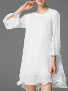 Shein White Crew Neck Ruffle Pleated Dress