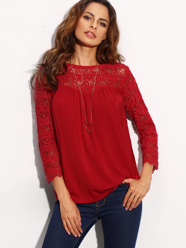 Shein Burgundy Lace Patchwork Criss Cross Back Blouse