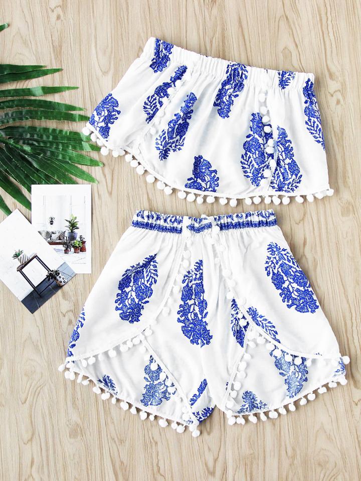 Shein Printed Random Pom Pom Trim Bandeau Top With Shorts