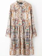 Shein Multicolor Lapel Long Sleeve Vintage Floral Dress