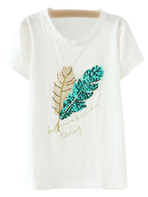 Shein Green Short Sleeve Leaves Sequined T-shirt