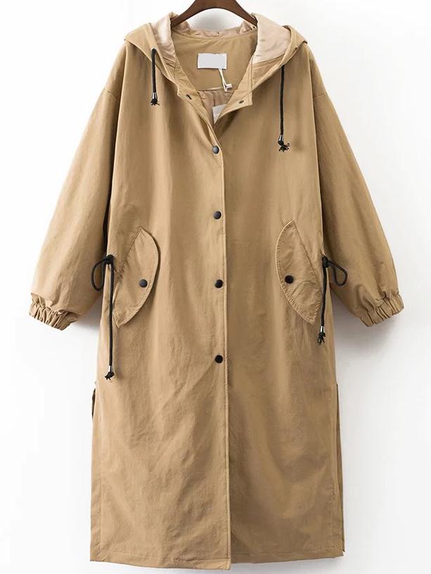 Shein Khaki Letter Embroidery Drawstring Hooded Long Coat