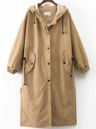 Shein Khaki Letter Embroidery Drawstring Hooded Long Coat