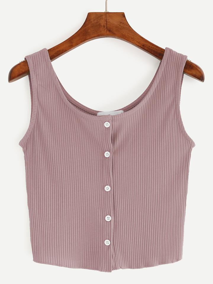 Shein Khaki Buttoned Front Ribbed Knit Crop Tank Top