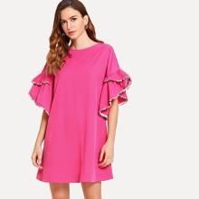 Shein Pompom Embellished Asymmetrical Ruffle Cuff Tunic Dress