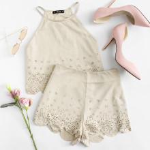 Shein Scallop Trim Halter Top And Shorts Set