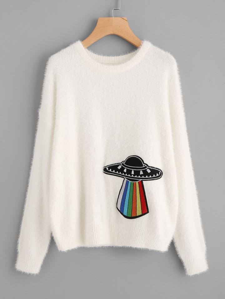 Shein Embroidered Patch Detail Fluffy Jumper