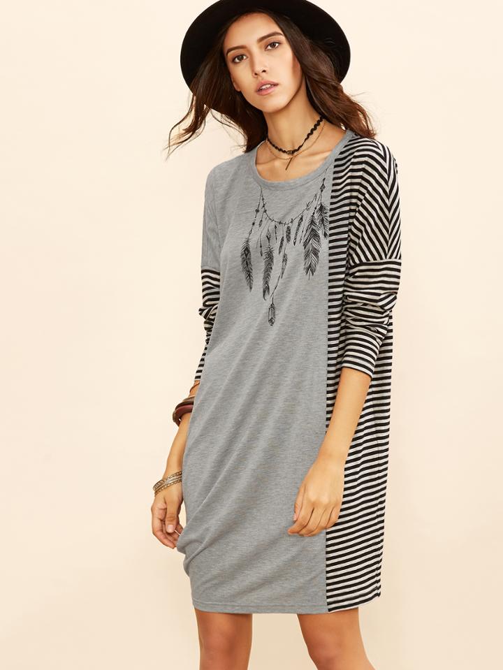 Shein Heather Grey Feather Necklace Print Striped Panel Dress