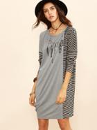 Shein Heather Grey Feather Necklace Print Striped Panel Dress