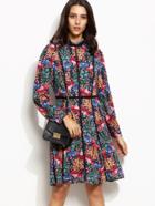 Shein Multicolor Floral Print Lace Trim Long Sleeve Dress