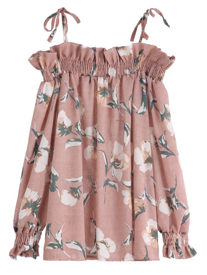 Shein Pink Floral Print Cold Shoulder Ruffle Shirred Top