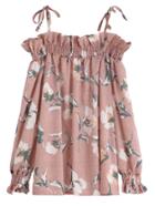 Shein Pink Floral Print Cold Shoulder Ruffle Shirred Top
