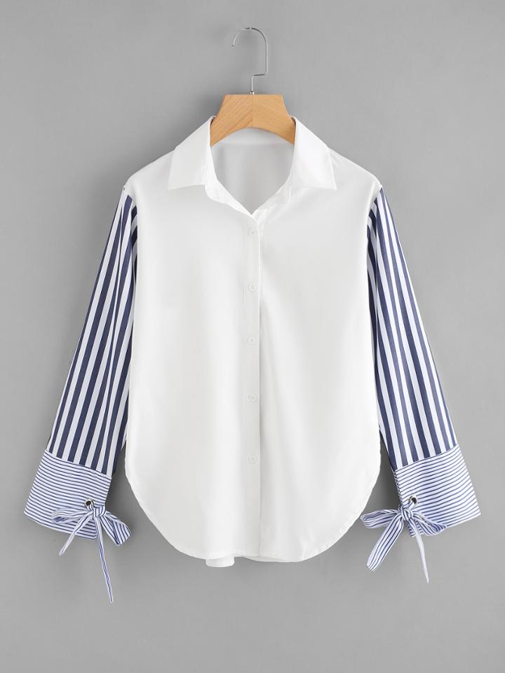 Shein Contrast Striped Sleeve Tie Detail Curved Hem Shirt
