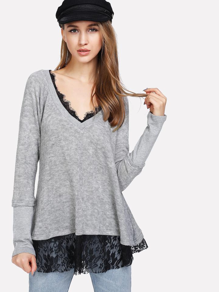 Shein Lace Hem Raglan Sleeve Marled Knit Tee