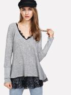 Shein Lace Hem Raglan Sleeve Marled Knit Tee