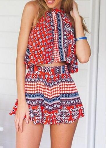 Rosewe Sleeveless Tribal Print Two Piece Romper