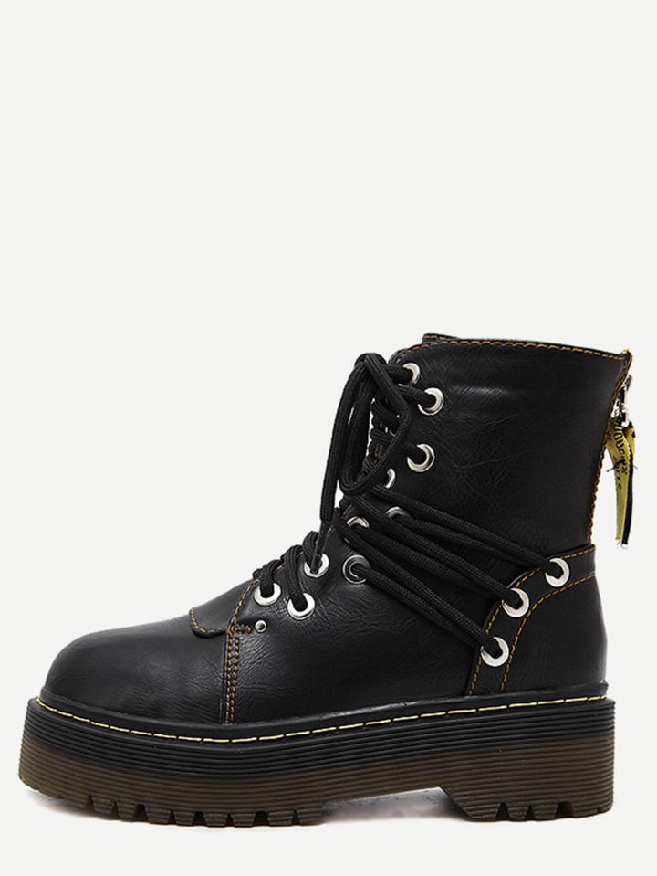 Shein Black Round Toe Pu Lace Up Martin Boots