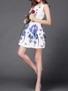 Shein Blue White Sleeveless Floral Jacquard Dress