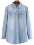 Shein Pale Blue Bleached Denim Blouse With Pockets