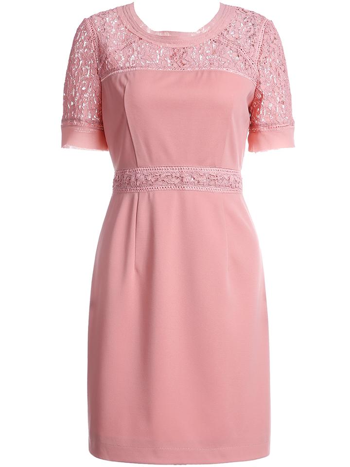 Shein Pink Round Neck Short Sleeve Contrast Lace Dress