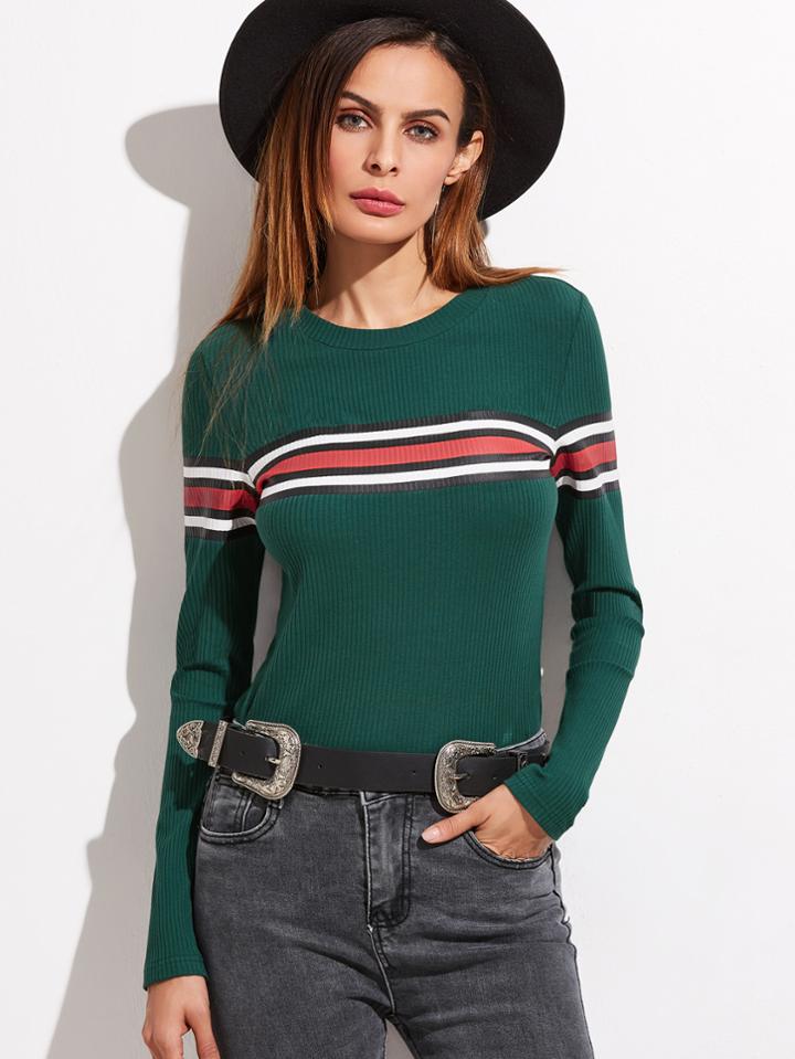 Shein Green Striped Print Ribbed Knit Slim Fit T-shirt