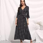 Shein Rolled Tab Sleeve Surplice Wrap Grid Dress